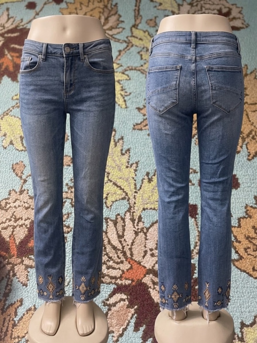 DRIFTWOOD Medium Blue Ankle Jeans with Embroidered Hem